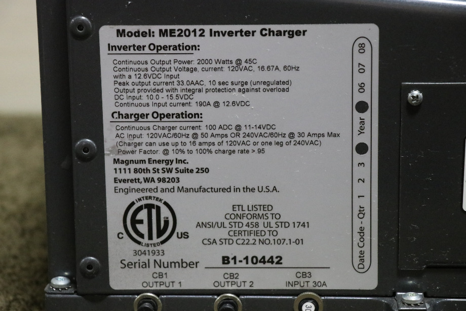 USED MAGNUM ENERGY INVERTER CHARGER ME2012 RV PARTS FOR SALE RV Components 