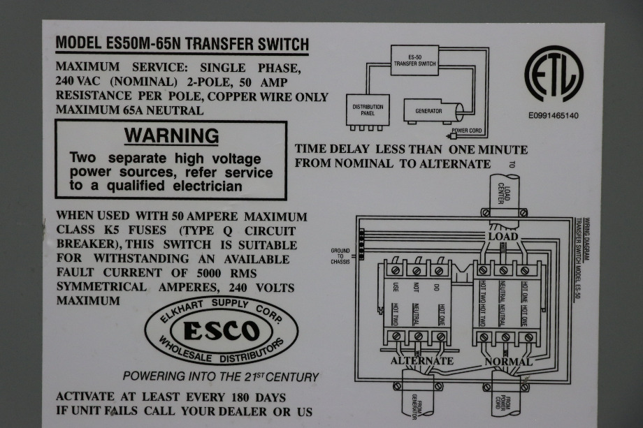 USED ES50M-65N ESCO POWER 50 TRASNFER AUTOMATIC TRANSFER SWITCH RV PARTS FOR SALE RV Components 