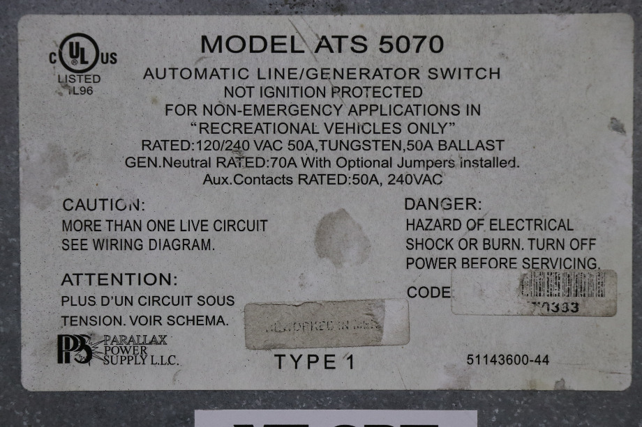 USED RV ATS 5070 PARALLAX POWER SUPPLY AUTO LINE/GEN SWITCH FOR SALE RV Components 