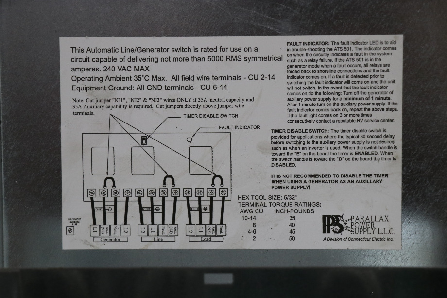 USED MOTORHOME PARALLAX POWER SUPPLY ATS 501 AUTO LINE/GEN SWITCH FOR SALE RV Components 