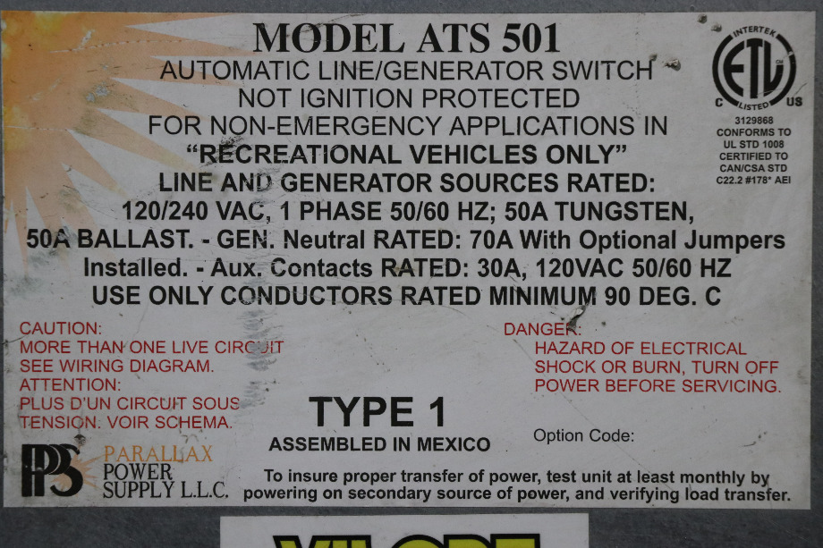 USED MOTORHOME PARALLAX POWER SUPPLY ATS 501 AUTO LINE/GEN SWITCH FOR SALE RV Components 